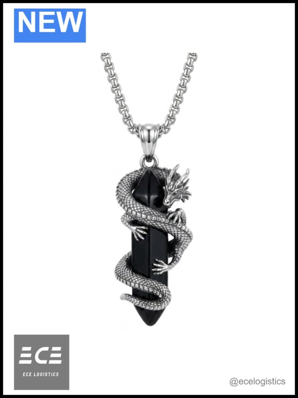 Sterling Silver Dragon Necklace Black Obsidian Crystal 22+2 Inch Chain Unisex